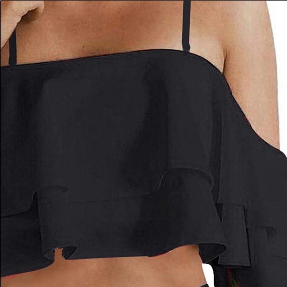 NWT - Tempt Me - black boho ruffle off shoulder bikini top